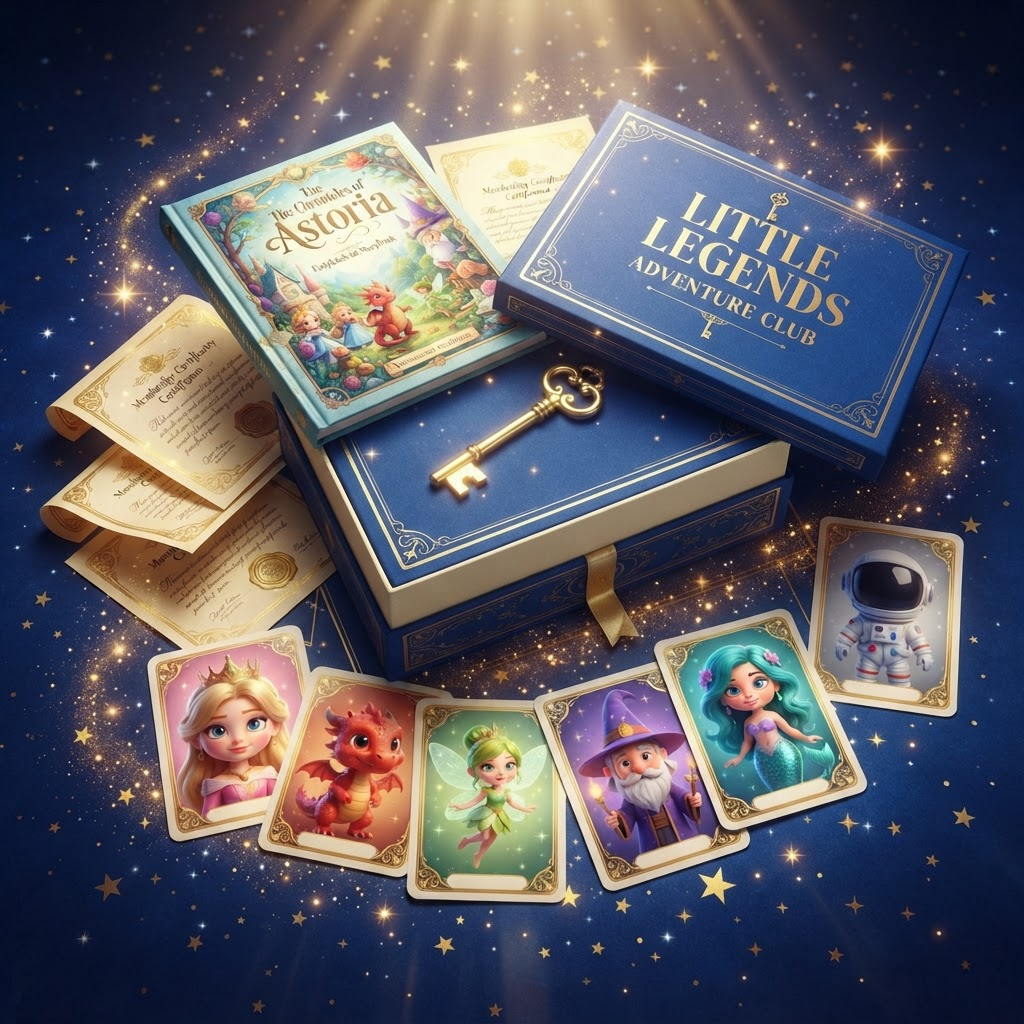 An open Little Legends adventure box containing a storybook, certificates, playing cards and a golden key