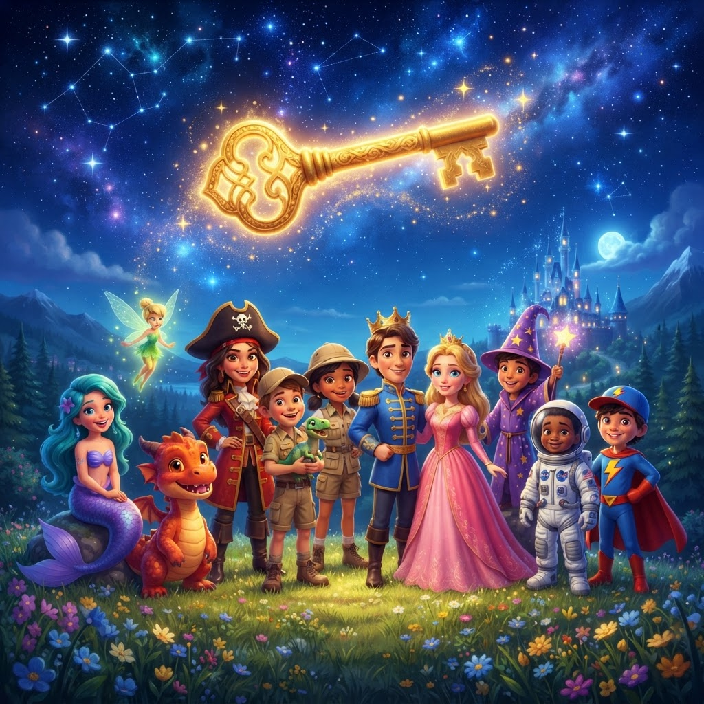 The eleven Little Legends gathered beneath a glowing golden key in a starry night sky